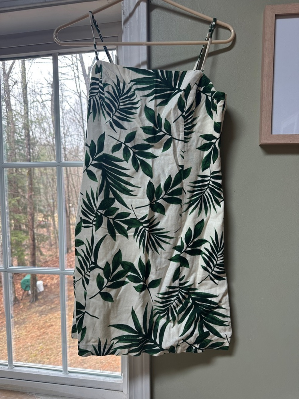 Lush Tropical Leaf Print Spaghetti Strap Dress - Green on Cream